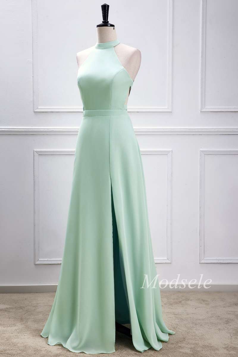 Sage Green Halter Maxi Dress with Slit Modsele Sage Green Halter Maxi Dress with Slit Modsele