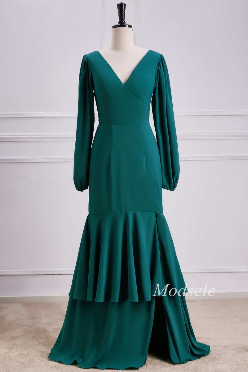 emerald maxi dress with sleeves Emerald V-Neck Ruffle Maxi Dress with Long Sleeves – Modsele