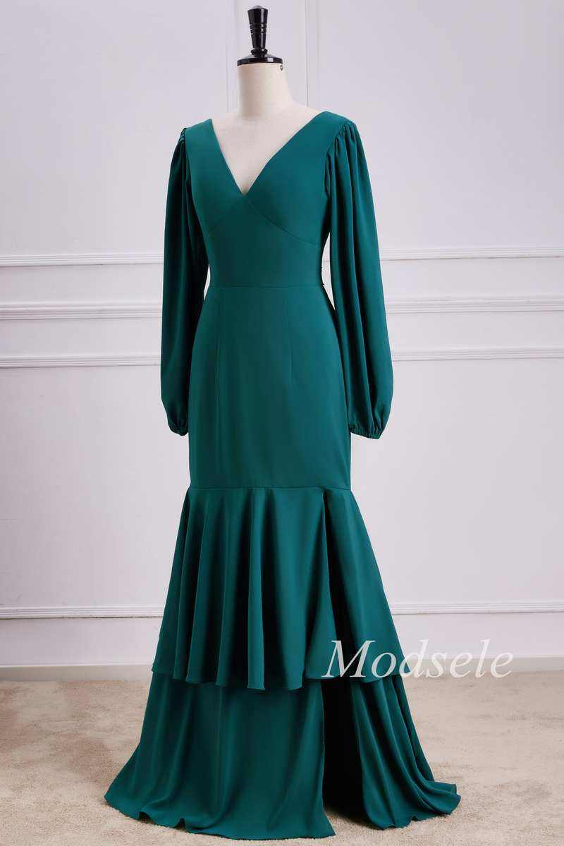 Emerald V-Neck Ruffle Maxi Dress with Long Sleeves Modsele Emerald V-Neck Ruffle Maxi Dress with Long Sleeves Modsele