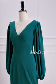 Emerald V-Neck Ruffle Maxi Dress with Long Sleeves