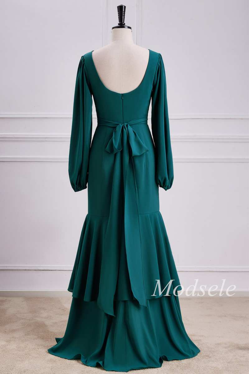 Emerald V-Neck Ruffle Maxi Dress with Long Sleeves