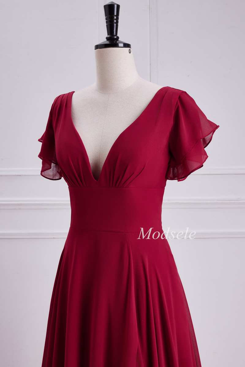 V-Neck Chiffon Maxi Dress with Flutter Sleeves in Red