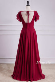 V-Neck Chiffon Maxi Dress with Flutter Sleeves in Red