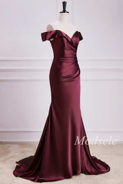 Off-the-Shoulder Pleated Trumpet Maxi Dress in Burgundy