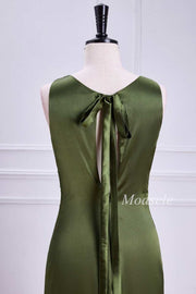 Tie Neck Keyhole Midi Dress in Olive Green