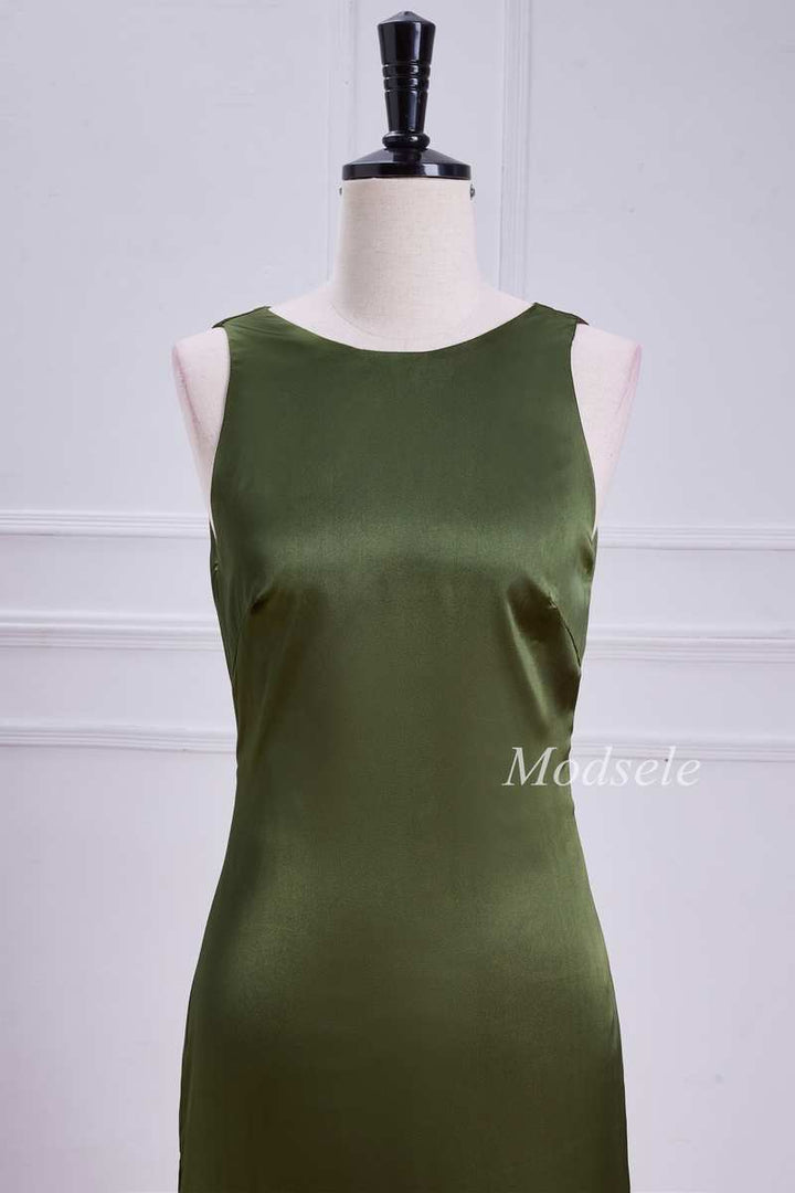 Tie Neck Keyhole Midi Dress in Olive Green