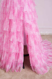 Tiered Ruffle V-Neck Bow Strap Tulle Long Gown in Pink Print