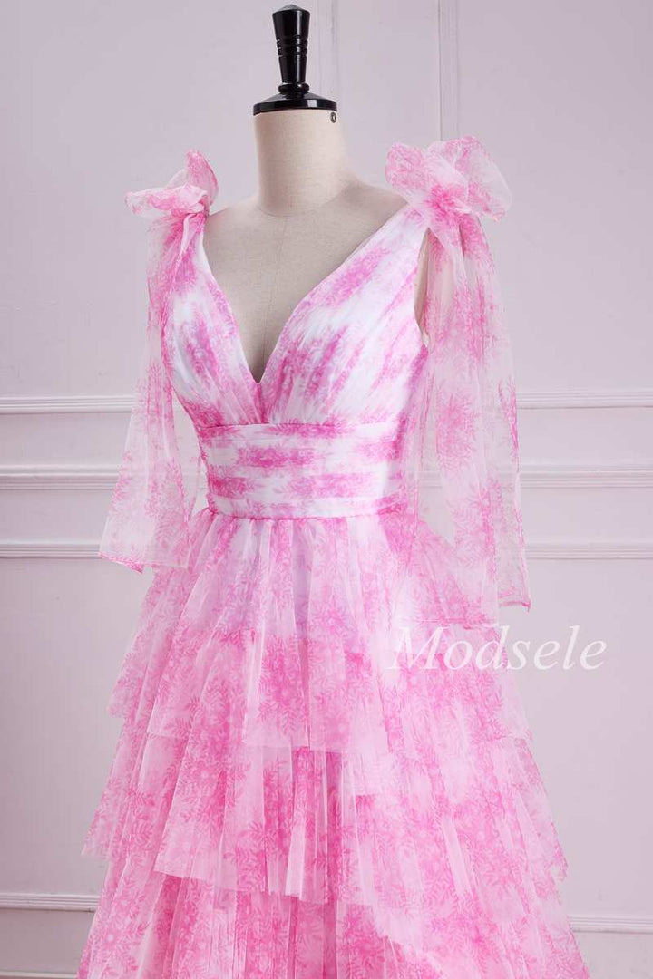 Tiered Ruffle V-Neck Bow Strap Tulle Long Gown in Pink Print