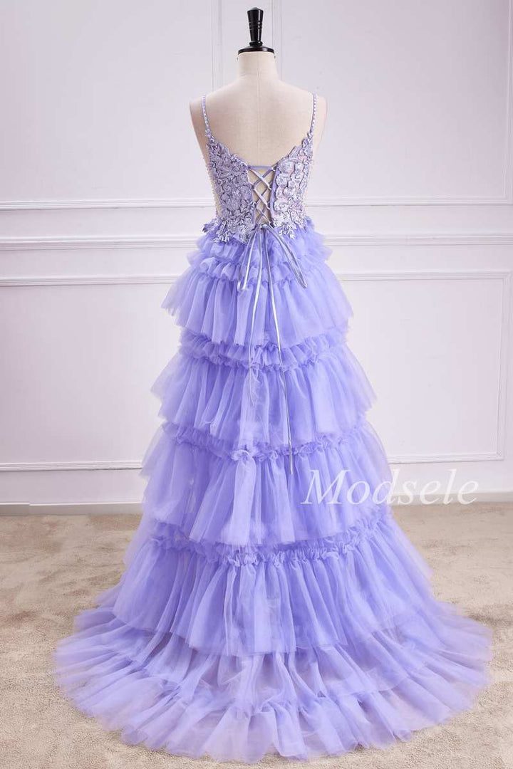 Tiered Ruffle Appliques Lace-Up Long Prom Dress in Lavender