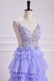 Tiered Ruffle Appliques Lace-Up Long Prom Dress in Lavender