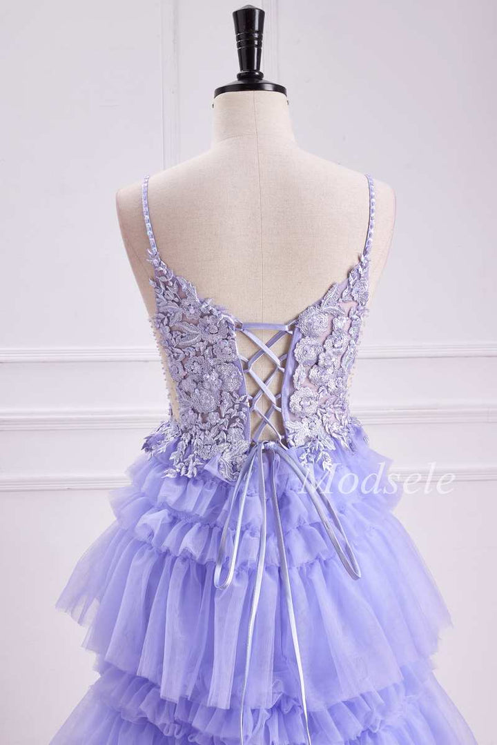 Tiered Ruffle Appliques Lace-Up Long Prom Dress in Lavender