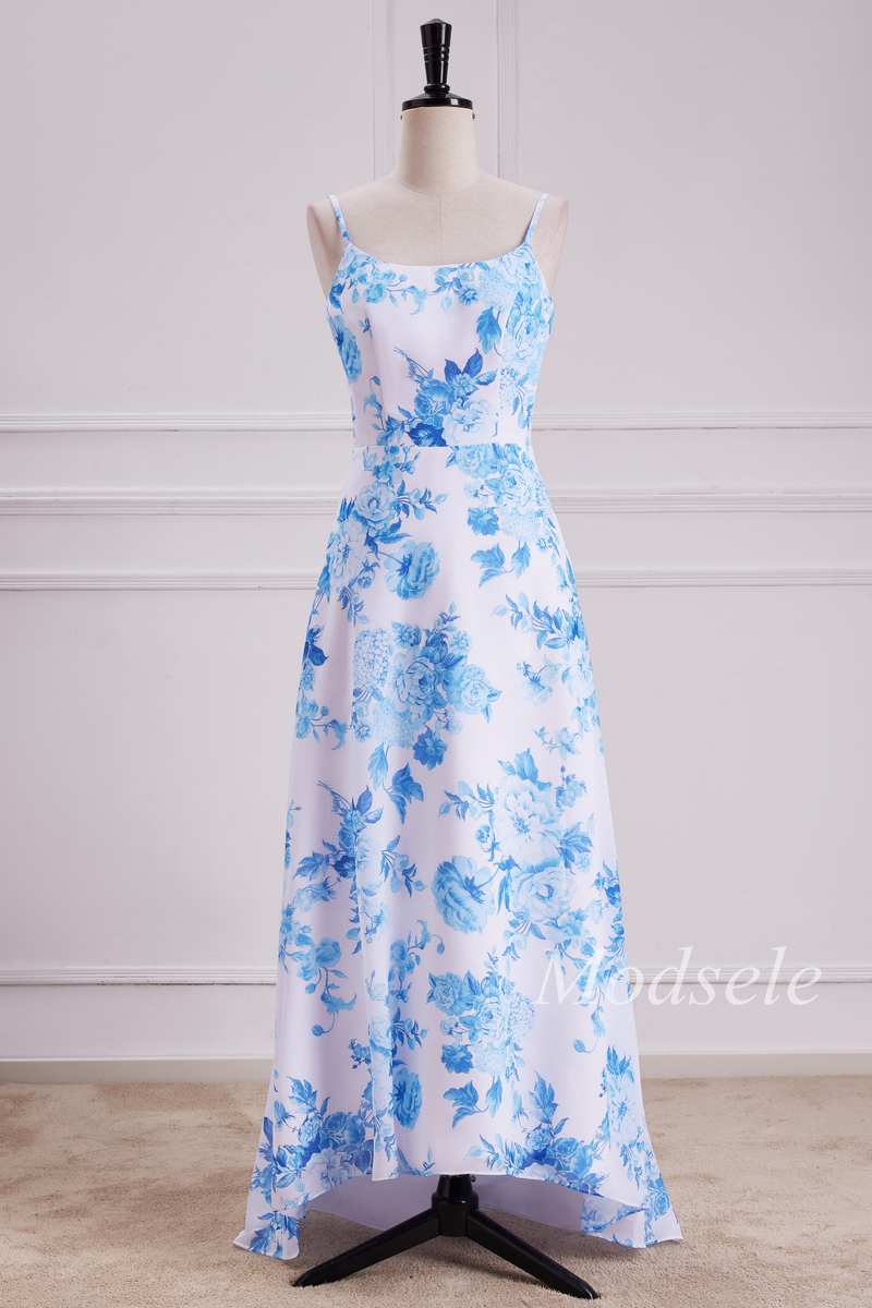 Floral Round Neck High-Low Dress with Spaghetti Straps Modsele Floral Round Neck High-Low Dress with Spaghetti Straps Modsele
