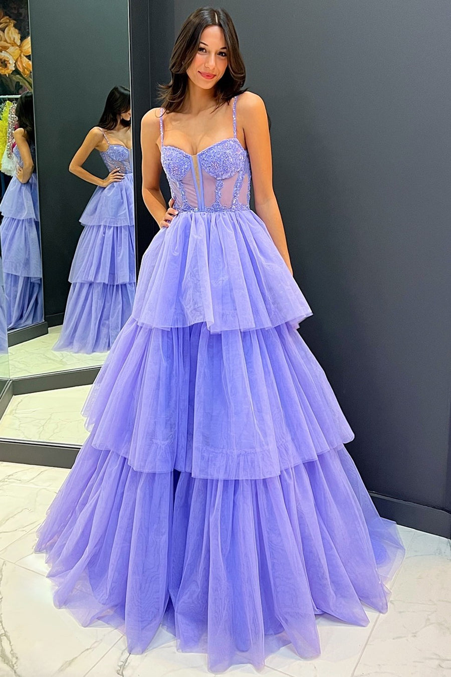 Tiered Ruffle Sequin-Embroidery Corset Long Prom Gown