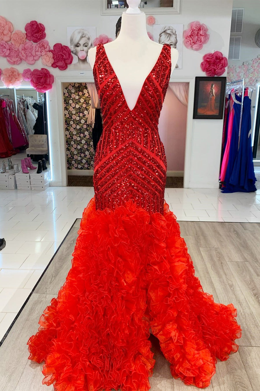 Plunge V Backless Ruffle Sequin Prom Dress with Slit
