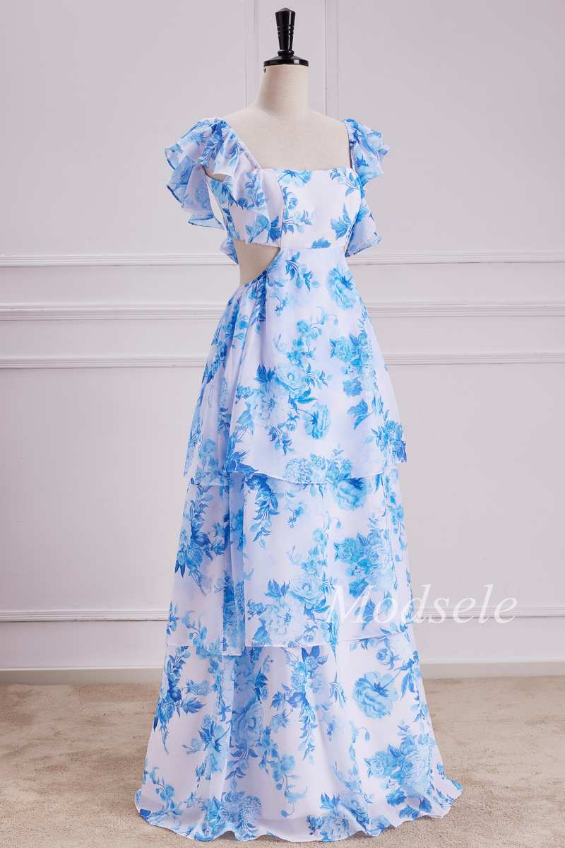 Flutter Sleeve Cutout Tiered Floral Print Maxi Dress