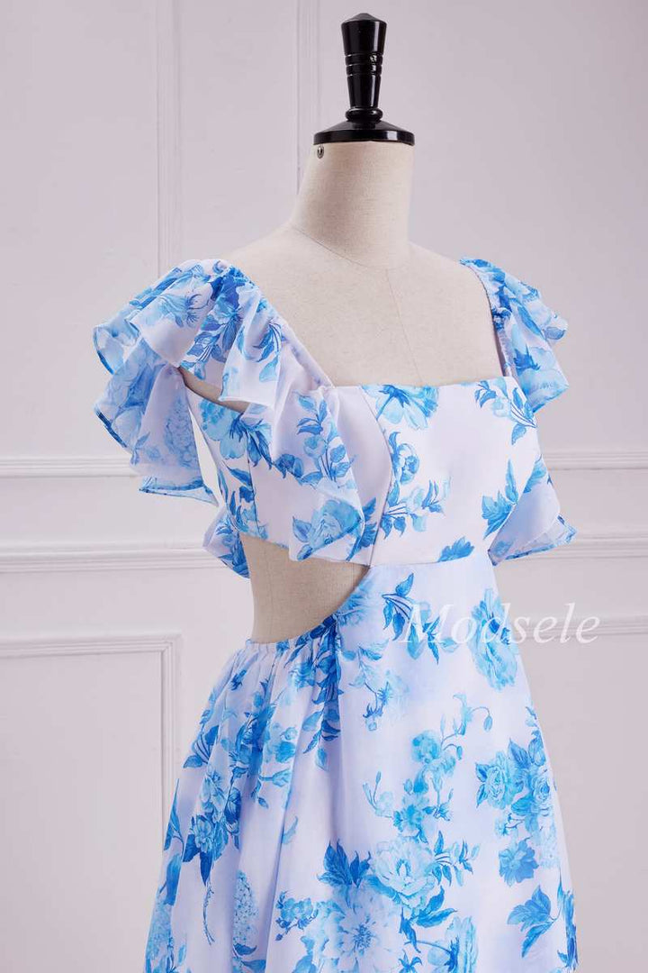 Flutter Sleeve Cutout Tiered Floral Print Maxi Dress