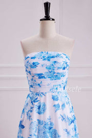 Floral Print Shirred Bodice Strapless Maxi Dress