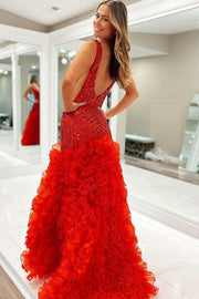Plunge V Backless Ruffle Sequin Prom Dress with Slit