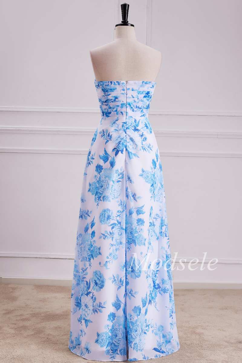 Floral Print Shirred Bodice Strapless Maxi Dress