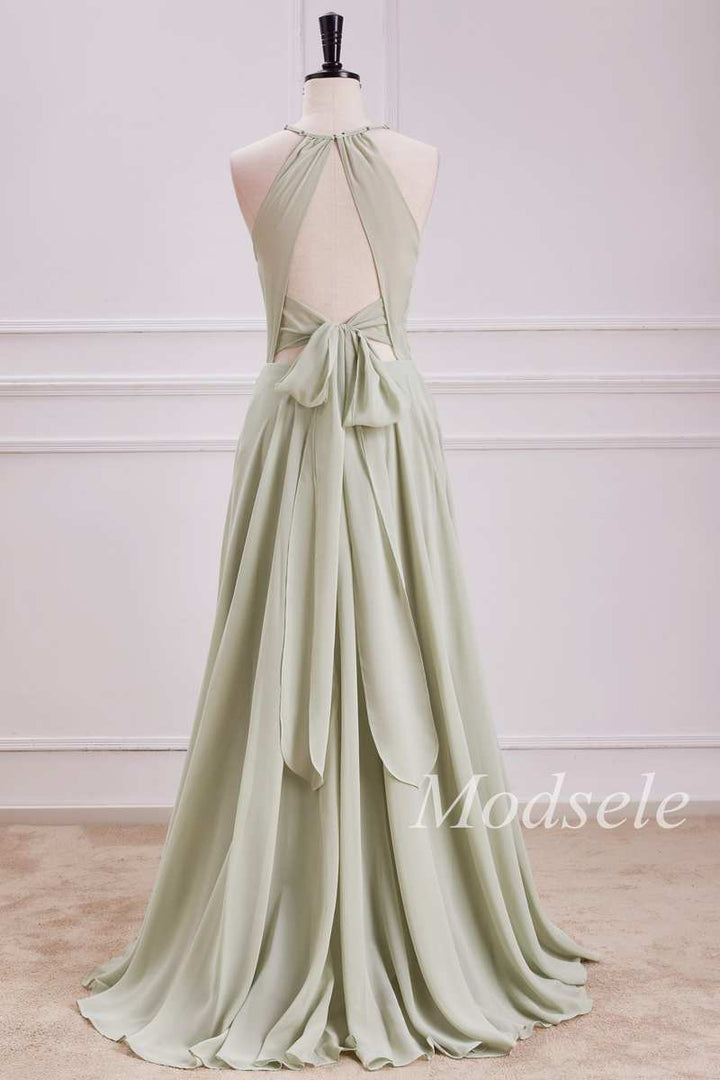 Keyhole Tie-Back A-Line Maxi Dress with Slit