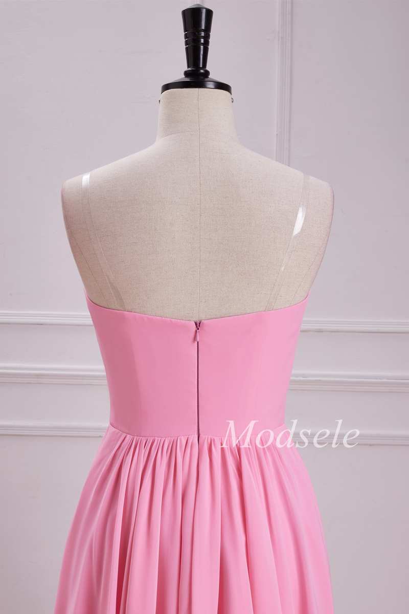 Strapless Bow Front A-Line Chiffon Maxi Dress in Pink