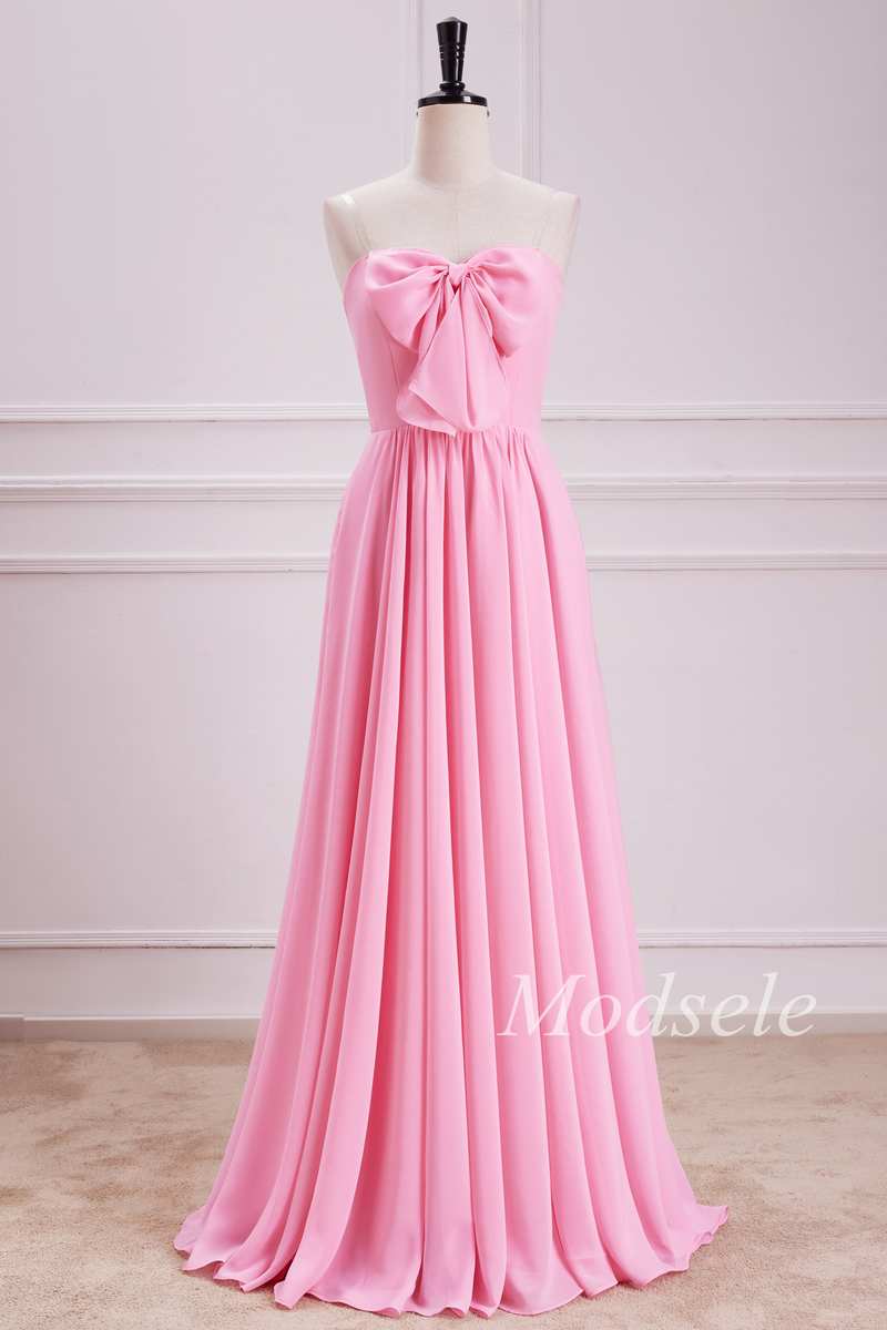 Strapless Bow Front A-Line Chiffon Maxi Dress in Pink