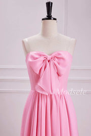 Strapless Bow Front A-Line Chiffon Maxi Dress in Pink