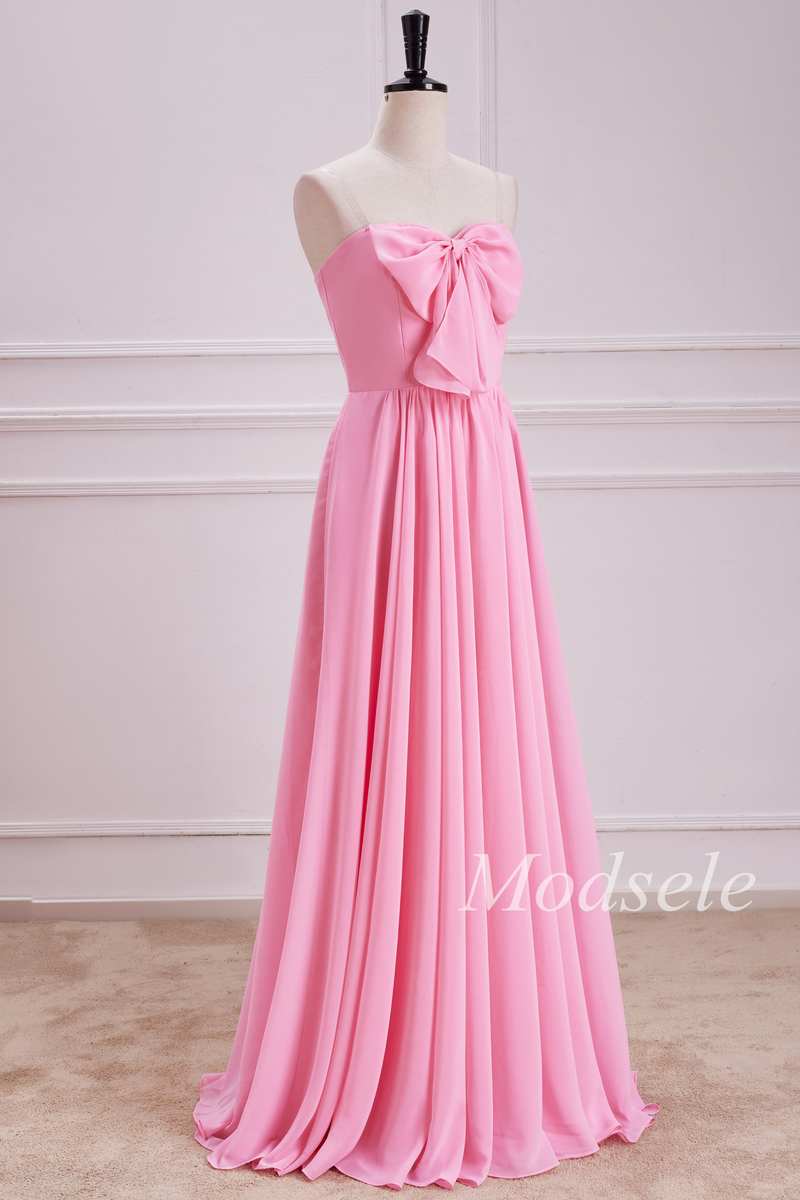 Strapless Bow Front A-Line Chiffon Maxi Dress in Pink