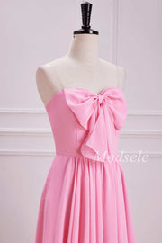 Strapless Bow Front A-Line Chiffon Maxi Dress in Pink