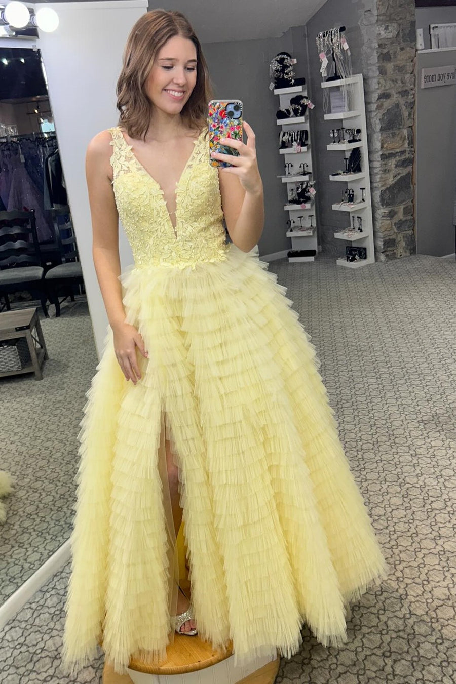 Yellow Plunge V Ruffle Tiered Long Prom Dress with Slit