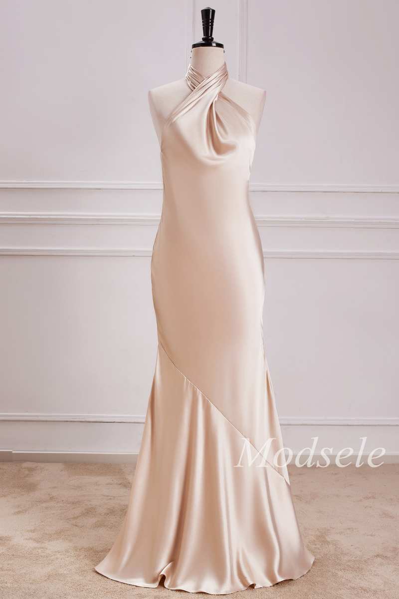 blue dress for baby girl Simple Halter Champagne Slim Long Bridesmaid Dress main image 1