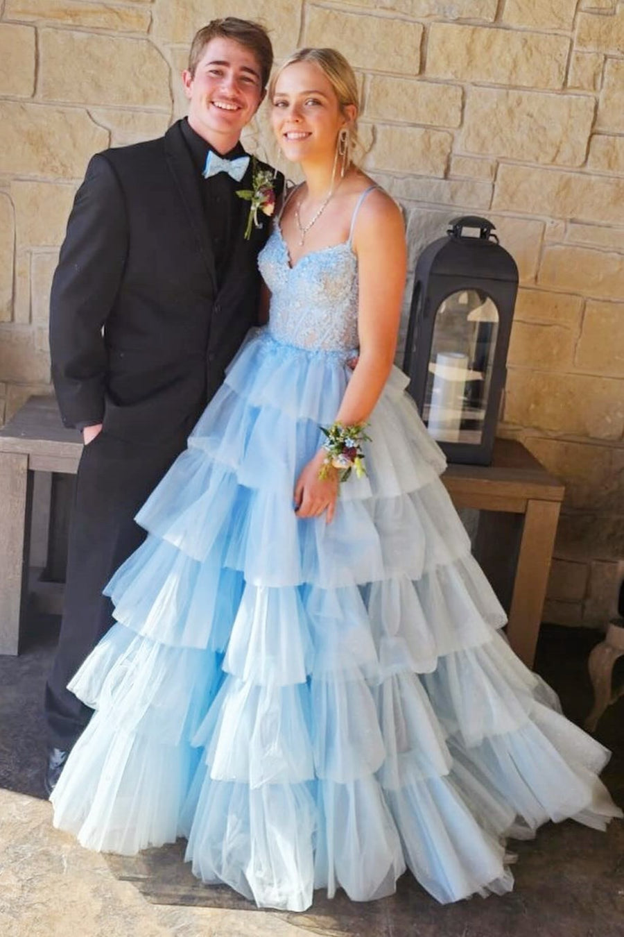 Tiered Ruffle Appliques Corset Long Prom Dress with Spaghetti Straps