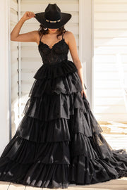 Tiered Ruffle Appliques Corset Long Prom Dress with Spaghetti Straps