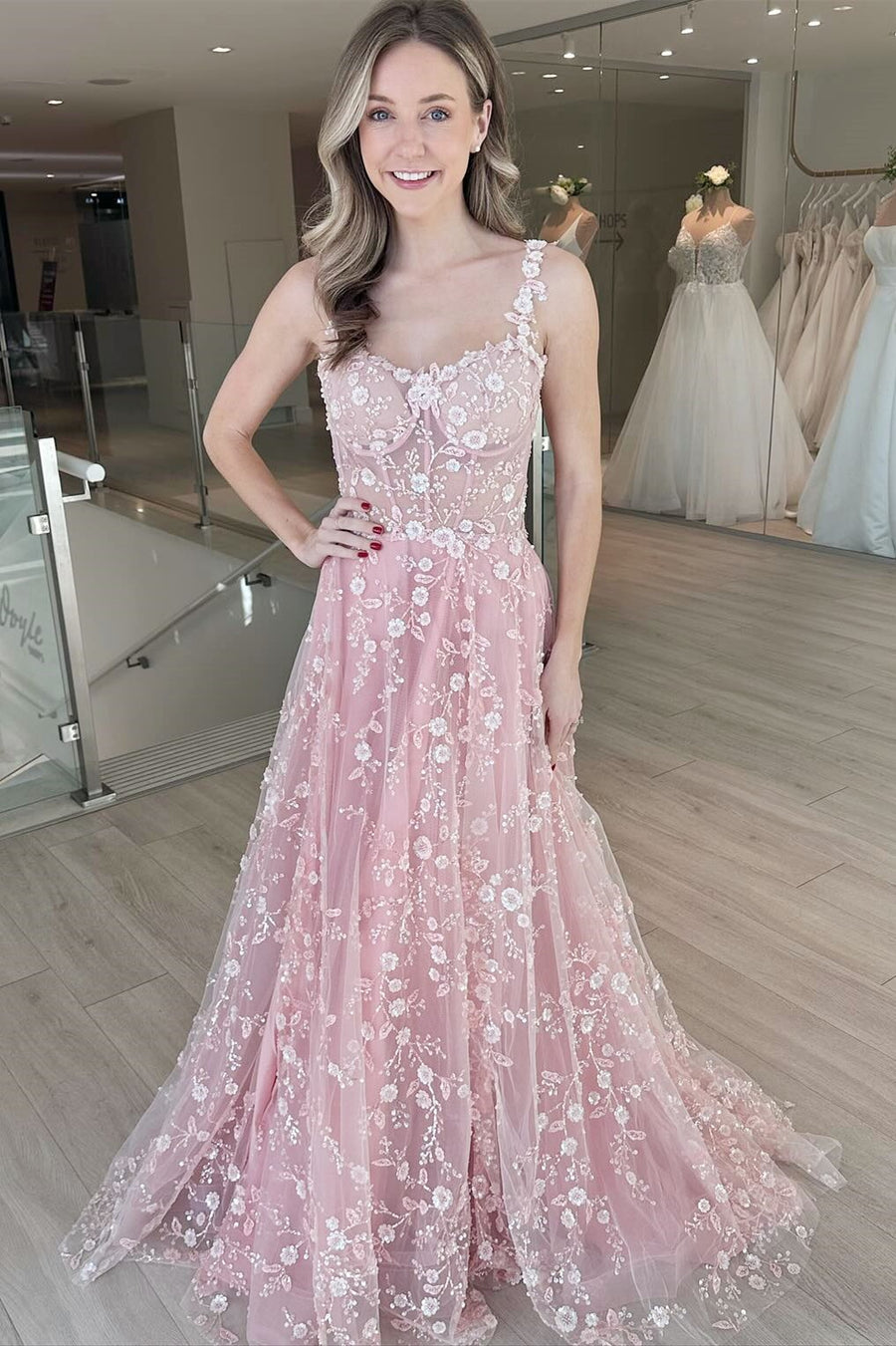 Pink Floral Lace Corset Tulle Prom Dress