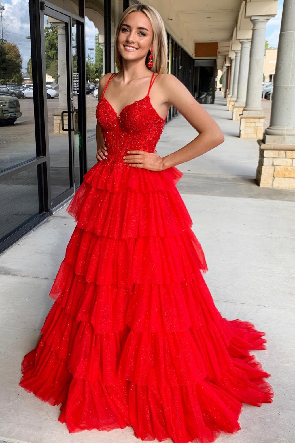 Tiered Ruffle Appliques Corset Long Prom Dress with Spaghetti Straps ...