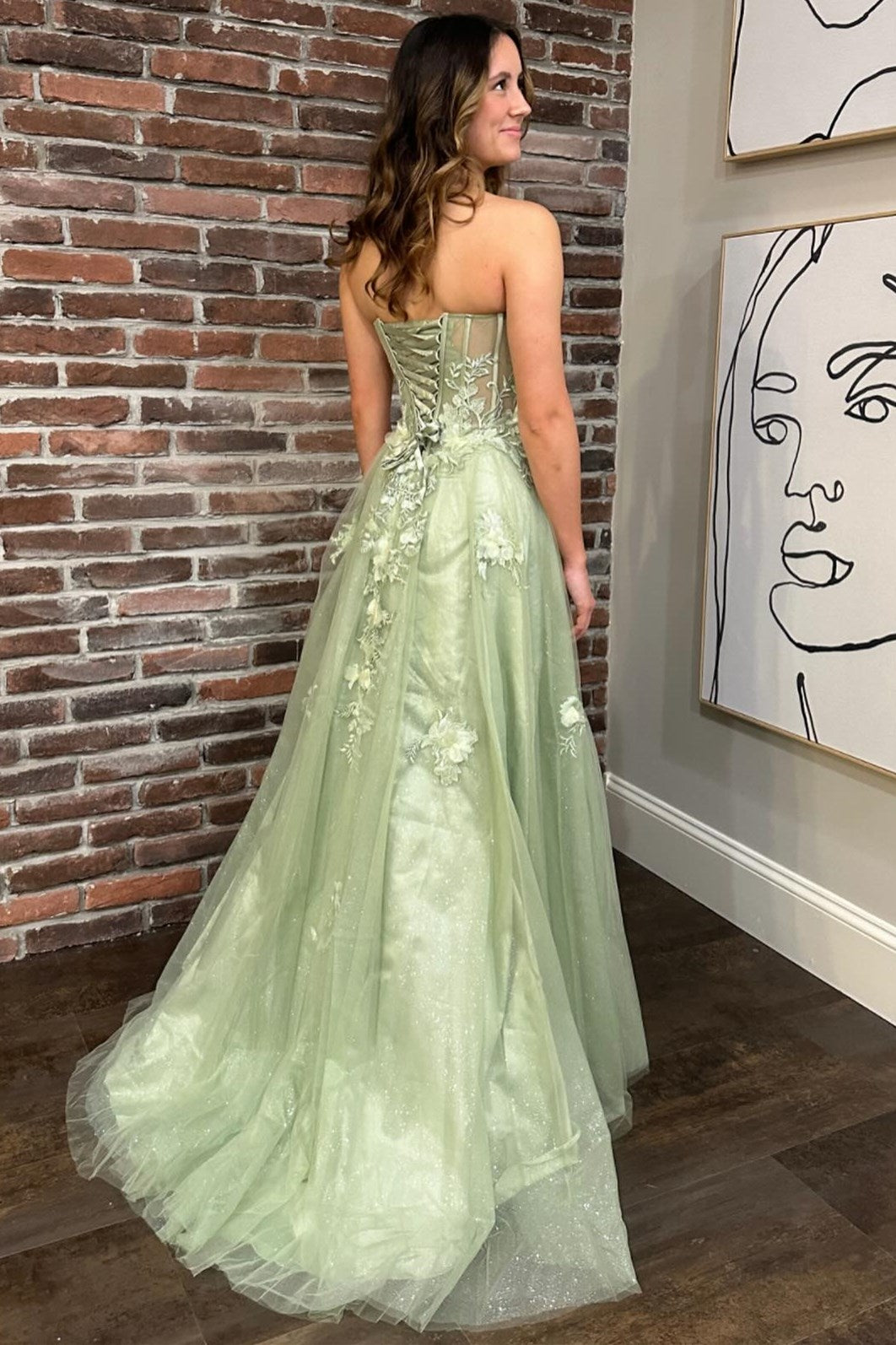 Sage Green Sweetheart Lace-Up Long Prom Dress with 3D Floral Lace