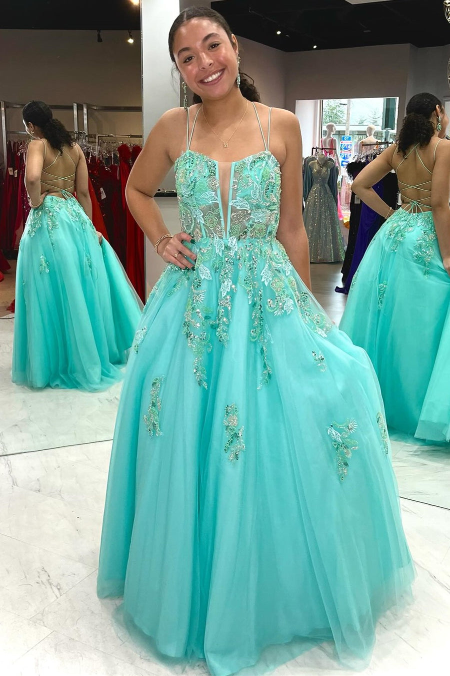 Aqua Blue Lace-Up Tulle Prom Dress with Appliques