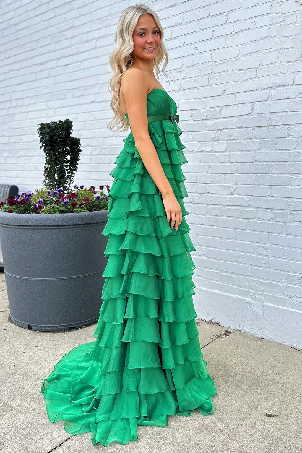 Strapless High-Waist Ruffle Tiered Long Prom Dress with Bow