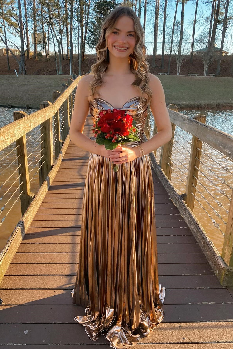 Metallic Strapless Pleated Gown in Rose Gold Modsele Metallic Strapless Pleated Gown in Rose Gold Modsele