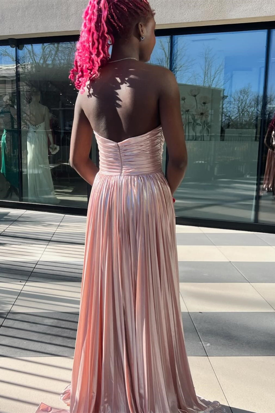 Metallic Strapless Pleated Gown in Rose Gold Modsele Metallic Strapless Pleated Gown in Rose Gold Modsele