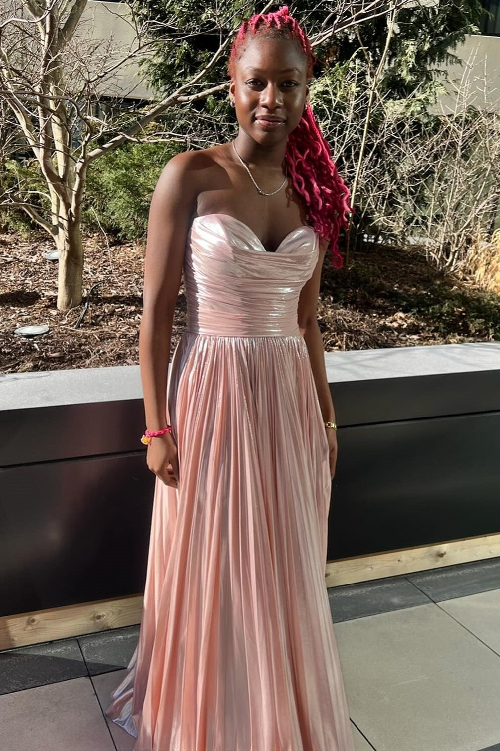 Metallic Strapless Pleated Gown in Rose Gold Modsele Metallic Strapless Pleated Gown in Rose Gold Modsele