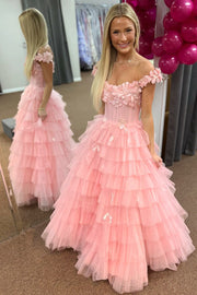 3D Floral Lace Off-the-Shoulder Ruffle Tiered Prom Gown