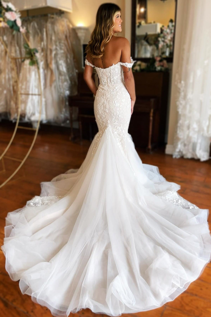 off the shoulder lace trumpet wedding dress Off the Shoulder Lace Sleeve Trumpet Wedding Gown
