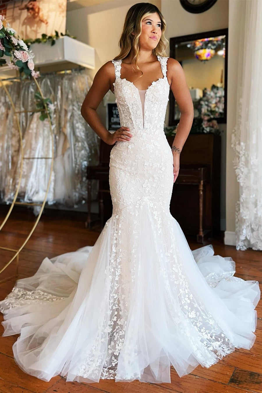 White Lace Off-the-Shoulder Trumpet Wedding Dress Modsele White Lace Off-the-Shoulder Trumpet Wedding Dress Modsele