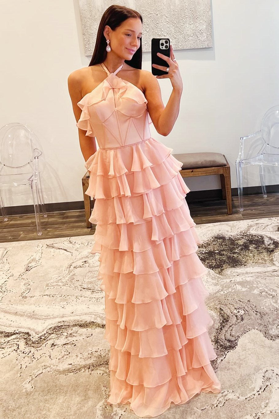 Halter Keyhole Ruffle Tiered Prom Dress with Slit Modsele Halter Keyhole Ruffle Tiered Prom Dress with Slit Modsele