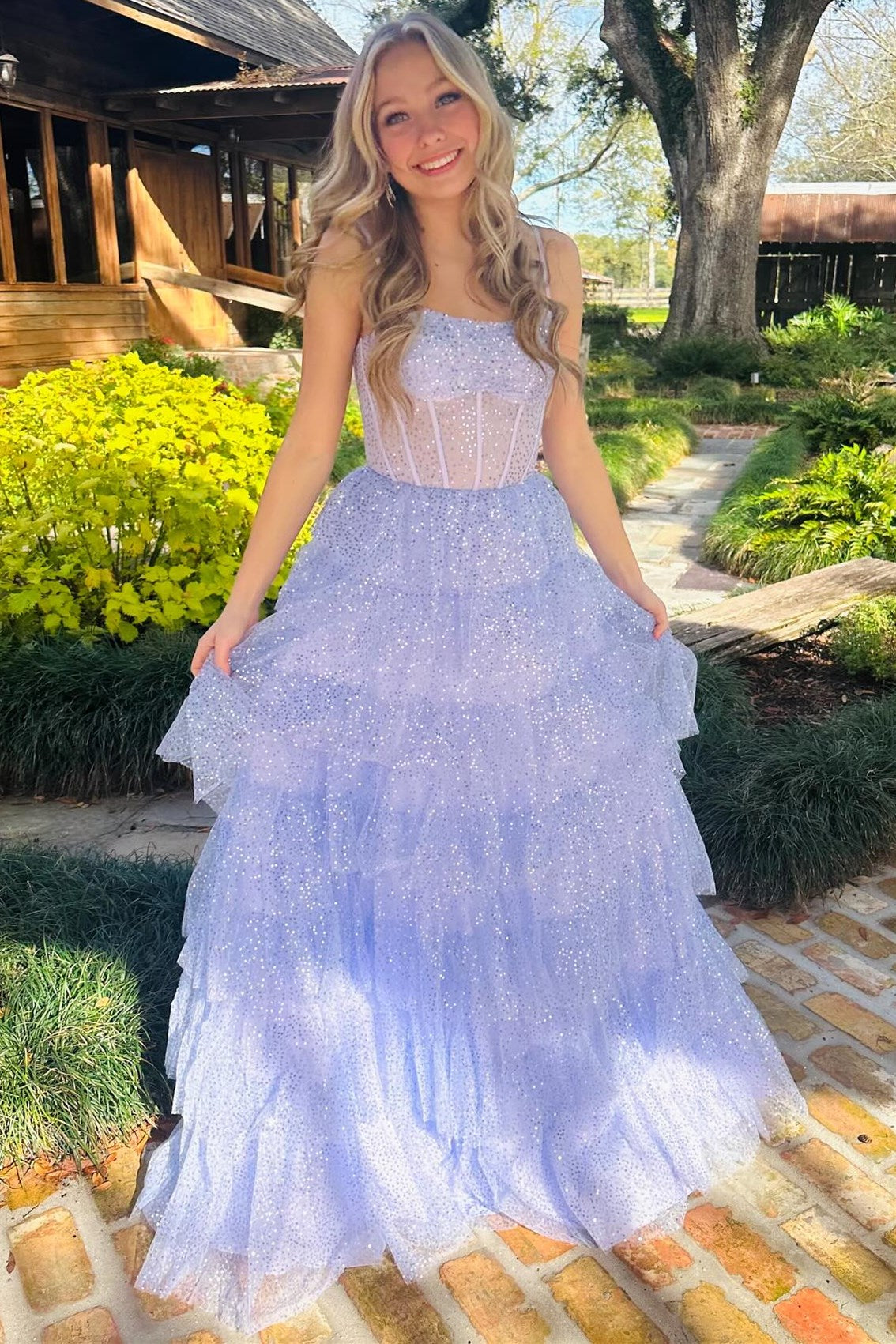 Lavender Tulle Sequin Ruffle Tiered Long Prom Dress