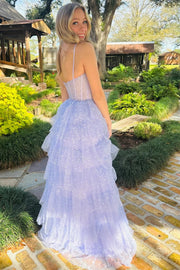 Lavender Tulle Sequin Ruffle Tiered Long Prom Dress