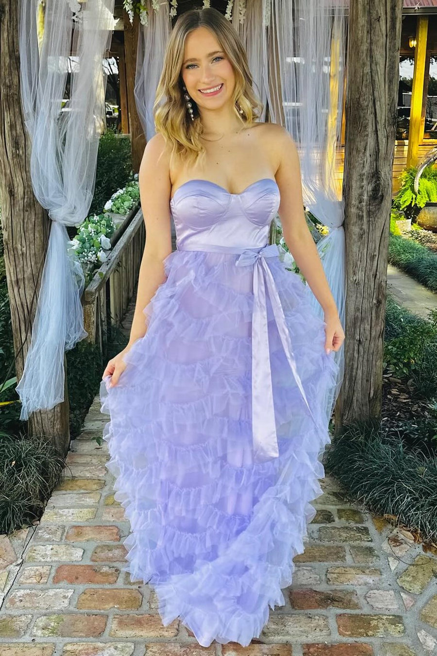 Lavender Sweetheart Bow Belt Ruffle Maxi Dress