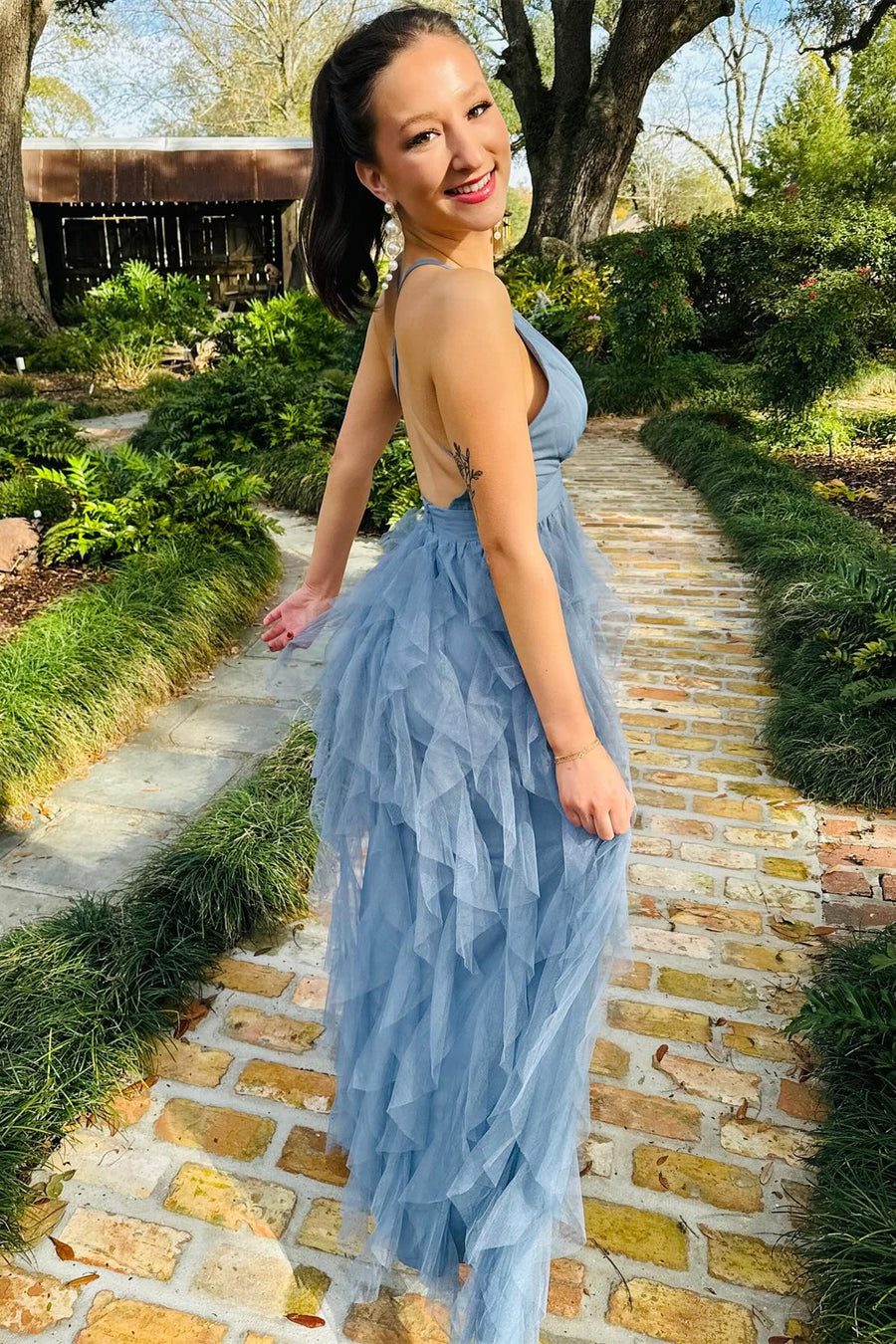 Cross-Back Plunge V Ruffle Maxi Dress in Smoky Blue Modsele Cross-Back Plunge V Ruffle Maxi Dress in Smoky Blue Modsele