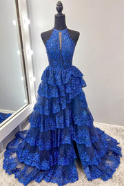 Halter Keyhole Glitter Appliques Ruffle Tiered Prom Gown